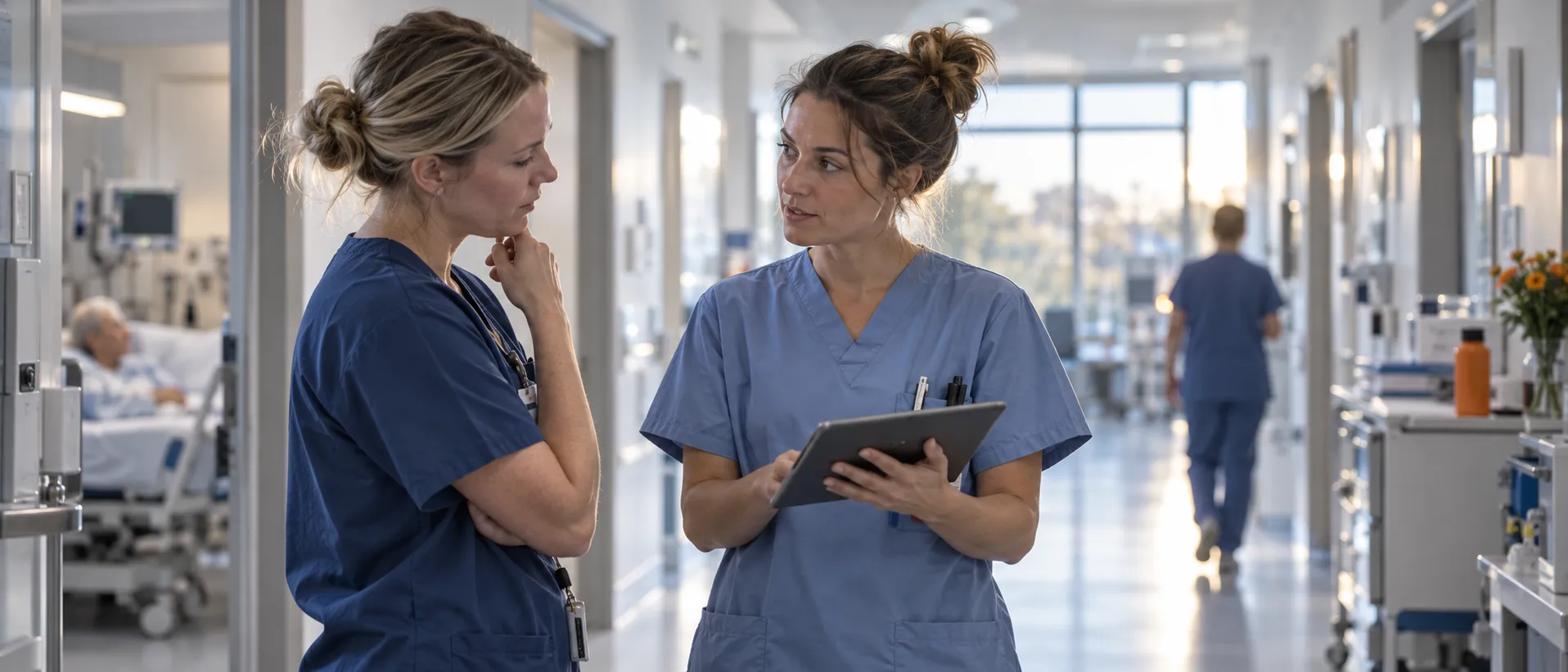 Zwei Pflegefachpersonen besprechen auf dem Stationsflur die Schichtübergabe am Tablet